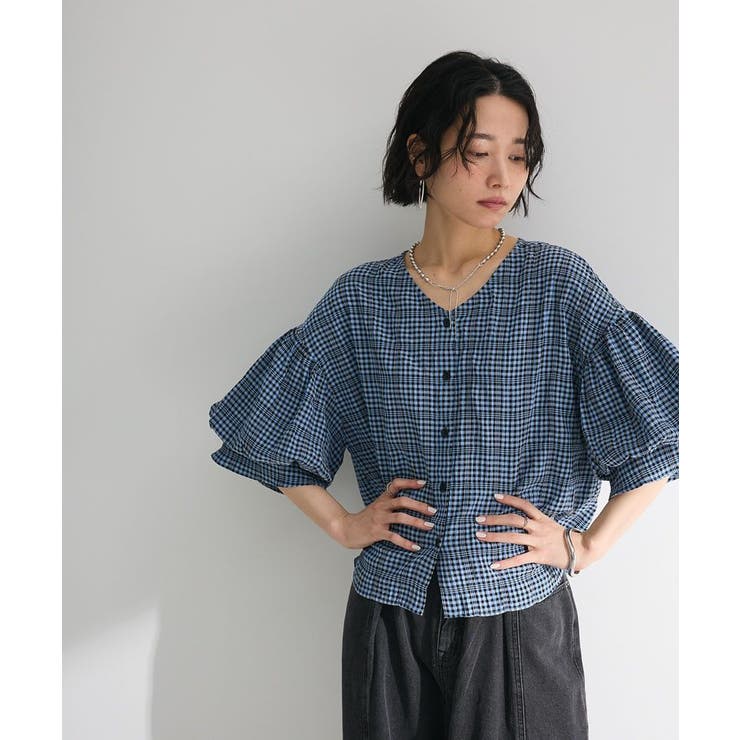 前後2way袖バルーンギンガムチェックブラウス[品番：GRPW0048661  