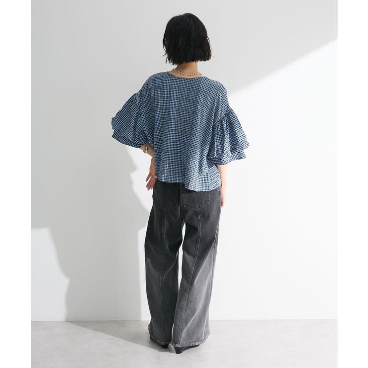 リサ　美品　Bluelea スカラップバルーンブラウス　ギンガムチェック yuni（ユニ ）の「ギンガムチェックバルーンスリーブブラウス