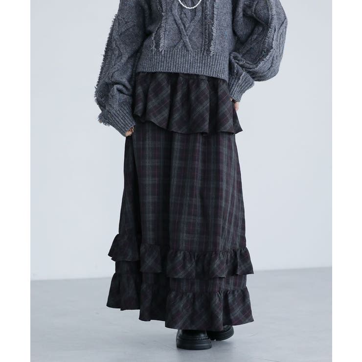 パープル | ■ESCAR チェックペプラムフレアスカート | Green Parks 