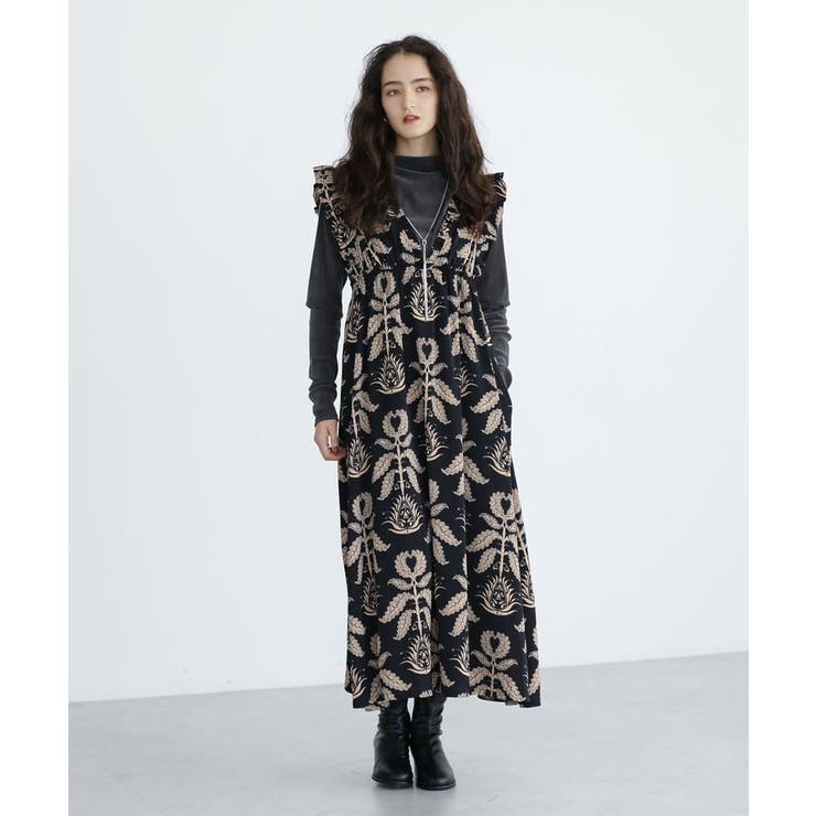 ブラック | ■ESCAR ボタニカルptフリルエプロンワンピース | Green Parks 