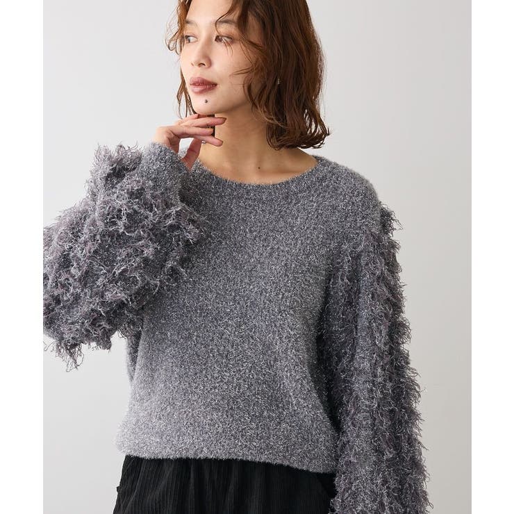 グレー | ・furry rate ラメフェザー袖フリンジニット | Green Parks 