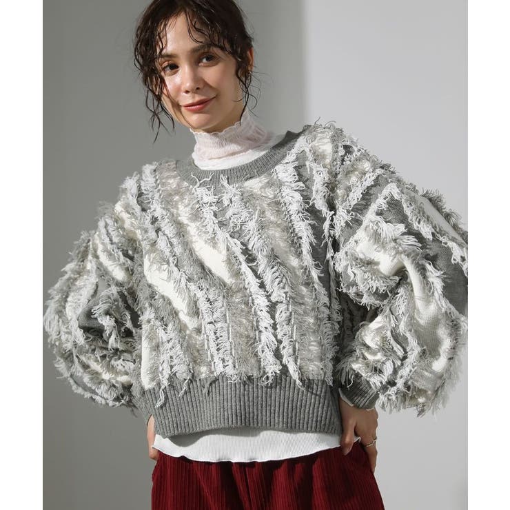 グレー | ・ELENCARE DUE フリンジジャカードニット | Green Parks 