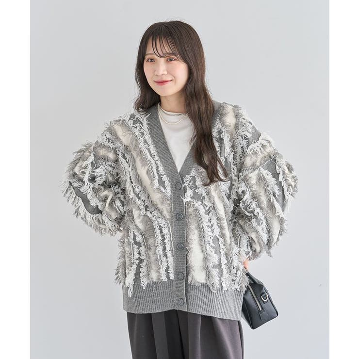 グレー | ・ELENCARE DUE フリンジジャカードカーディガン | Green Parks 