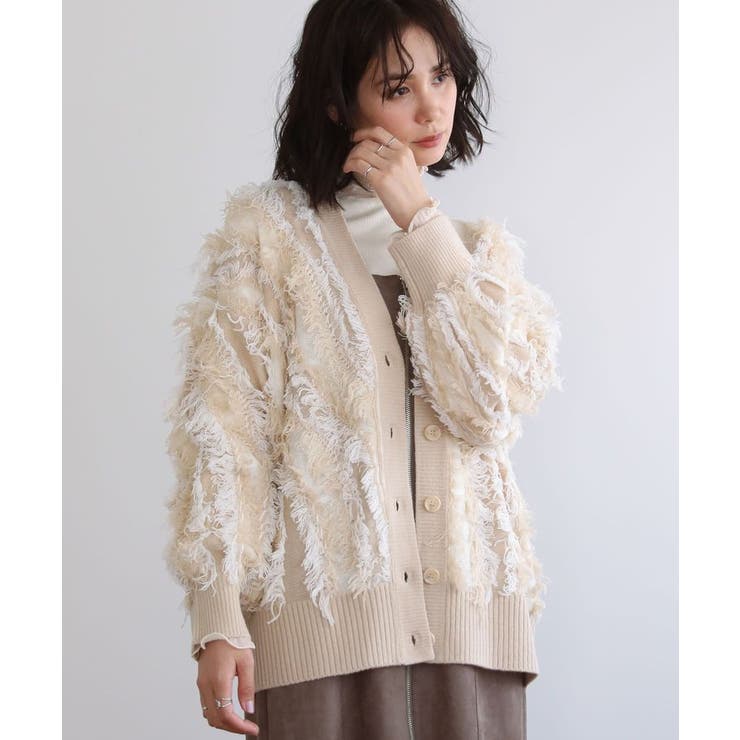 ベージュ | ・ELENCARE DUE フリンジジャカードカーディガン | Green Parks 