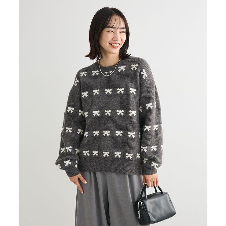 チャコールグレー | ・swing by リボンジャカードクルーニット | Green Parks 