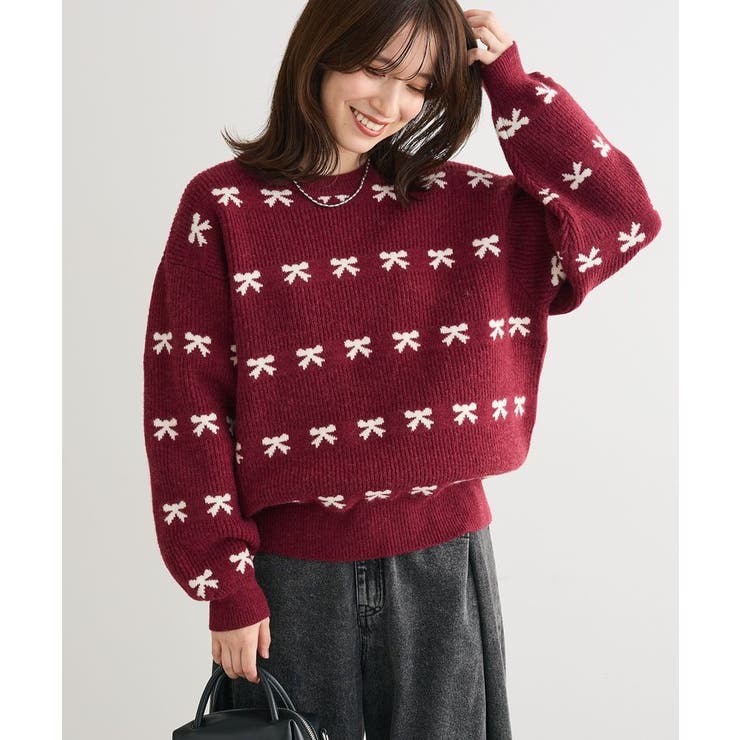 ボルドー | ・swing by リボンジャカードクルーニット | Green Parks 