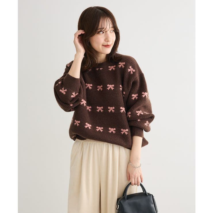 ブラウン | ・swing by リボンジャカードクルーニット | Green Parks 