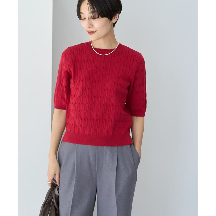 レッド | ケーブル5分袖ニットプルオーバー | AMERICAN HOLIC