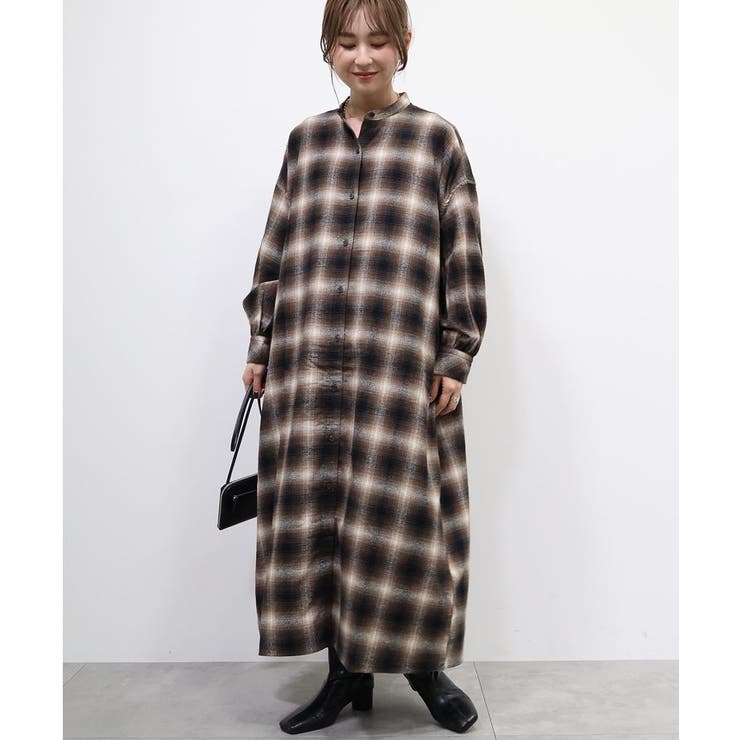 バンドカラーチェックシャツワンピース[品番：EHEW0046044]｜AMERICAN