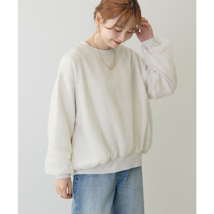美品 COEL オーガンジー切替スウェット ショート丈 ゆったり オフホワイト オーガンジーレイヤードスウェット[品番：EHEW0047463