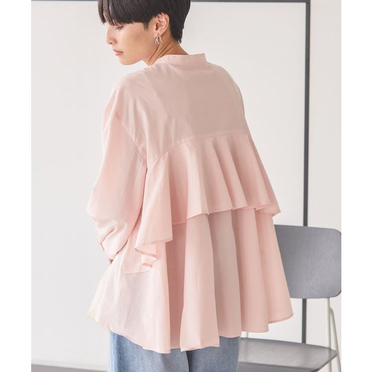 美品 trois バックフリル バンドカラー ブラウス ロングシャツ 1.jpg