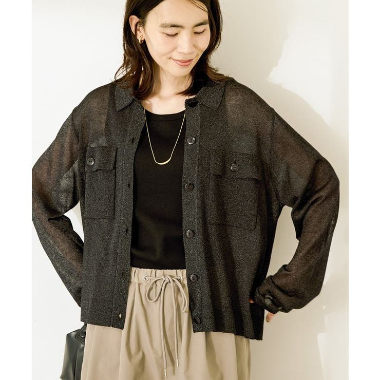 AMERI アメリ　シアーダブルジャケット　ベージュ　カーディガン　半袖 AMERICAN HOLIC｜シアー襟付きカーディガン | Rakuten Fashion