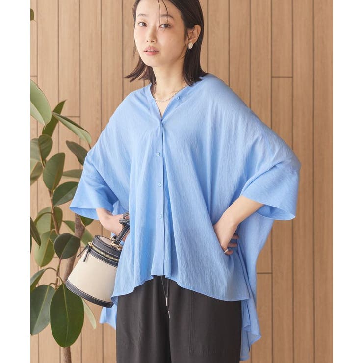 接触冷感Vネックシアー半袖BIGシャツ[品番：EHEW0048148