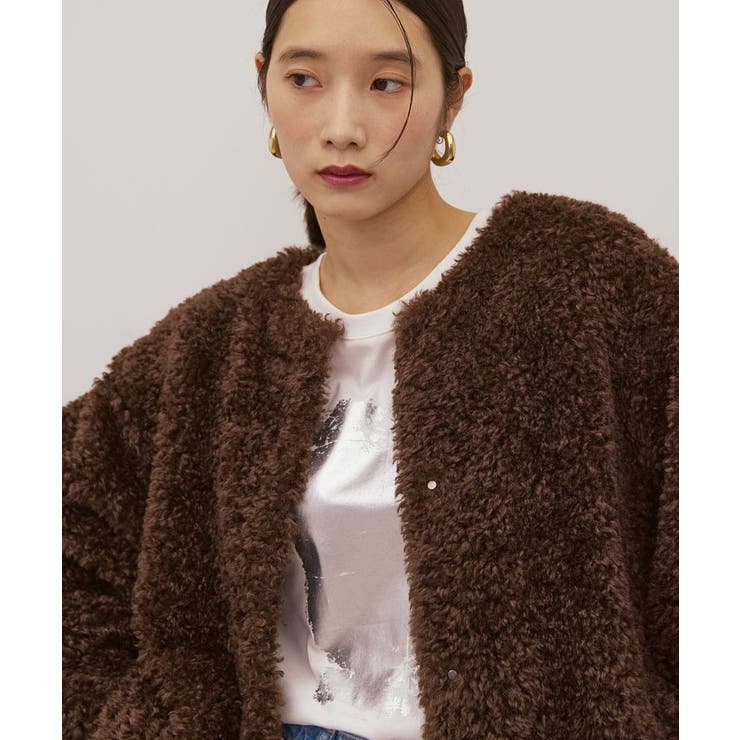 ブラウン | ノーカラーフェイクファーコート | AMERICAN HOLIC