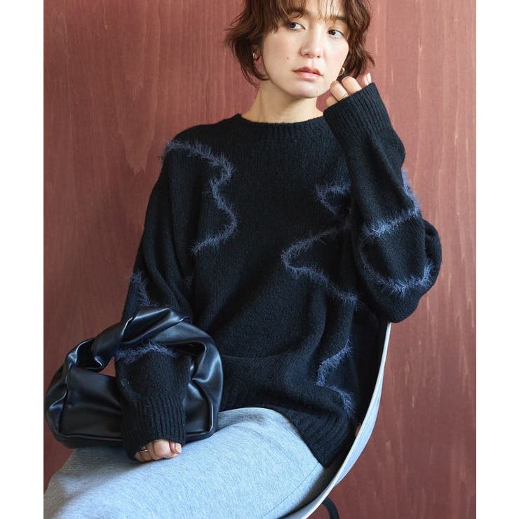 ブラック | ニュアンスライン柄ニットプルオーバー | AMERICAN HOLIC