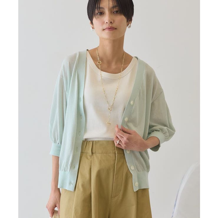 サックスブルー | 【抗菌防臭】5分袖シアーVネックニットカーディガン | AMERICAN HOLIC