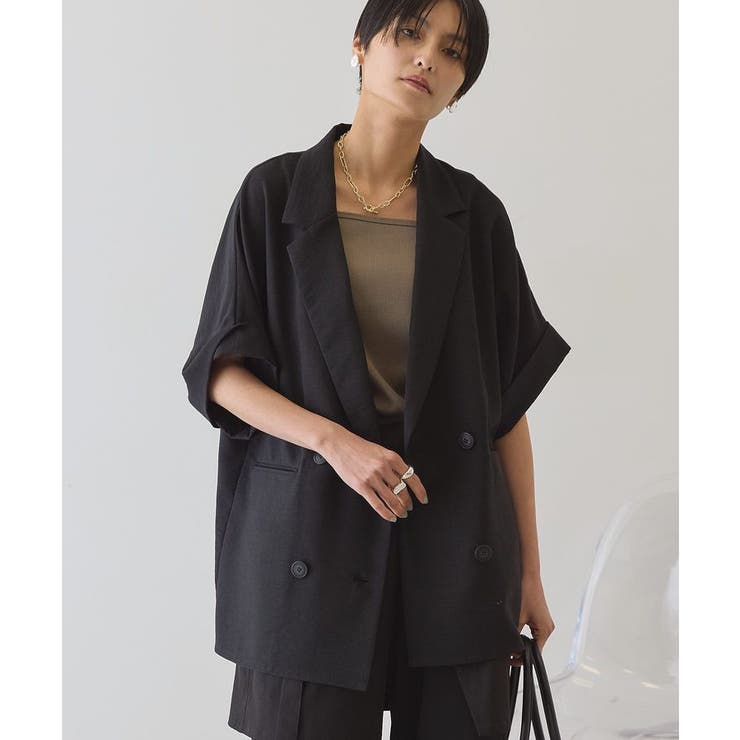 ブラック | 【接触冷感・イージーケア】リネンライク半袖ジャケット | AMERICAN HOLIC