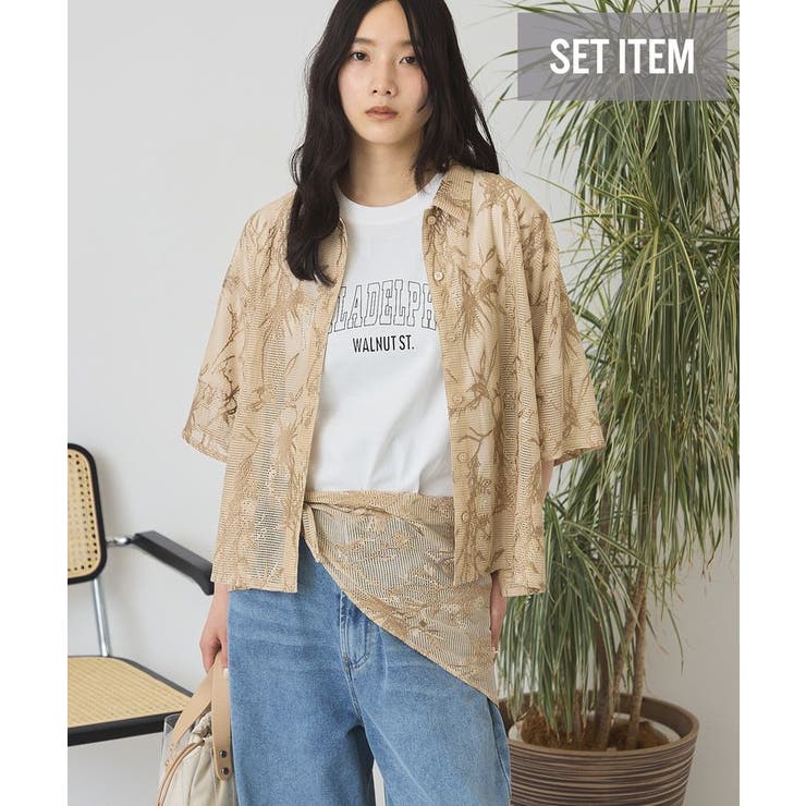 ベージュ | 【2点セット】メッシュレース半袖シャツ+スカーフ | AMERICAN HOLIC