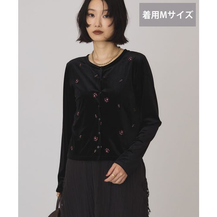 ブラック | 【選べる丈】シアーベロア刺繍カーディガン | AMERICAN HOLIC