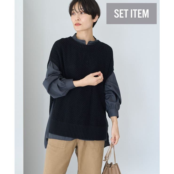SET イージーケアギャザーシャツ+ニットベスト[品番