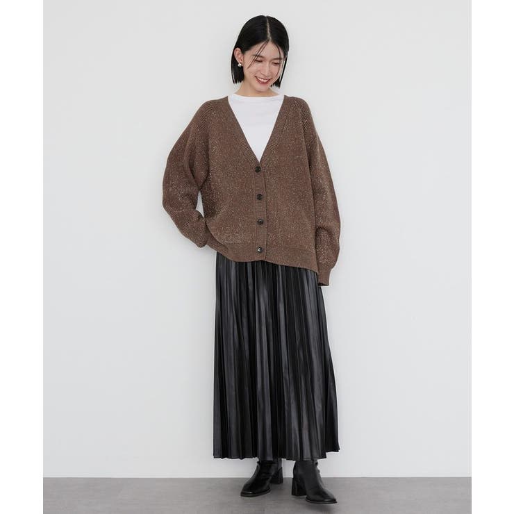 バイパチラメ入りVネック片畦ニットカーディガン[品番：EHEW0046824