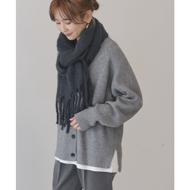 バイパチラメ入りVネック片畦ニットカーディガン[品番：EHEW0046824