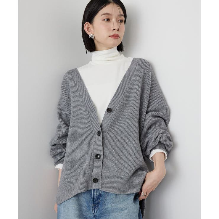 バイパチラメ入りVネック片畦ニットカーディガン[品番：EHEW0046824