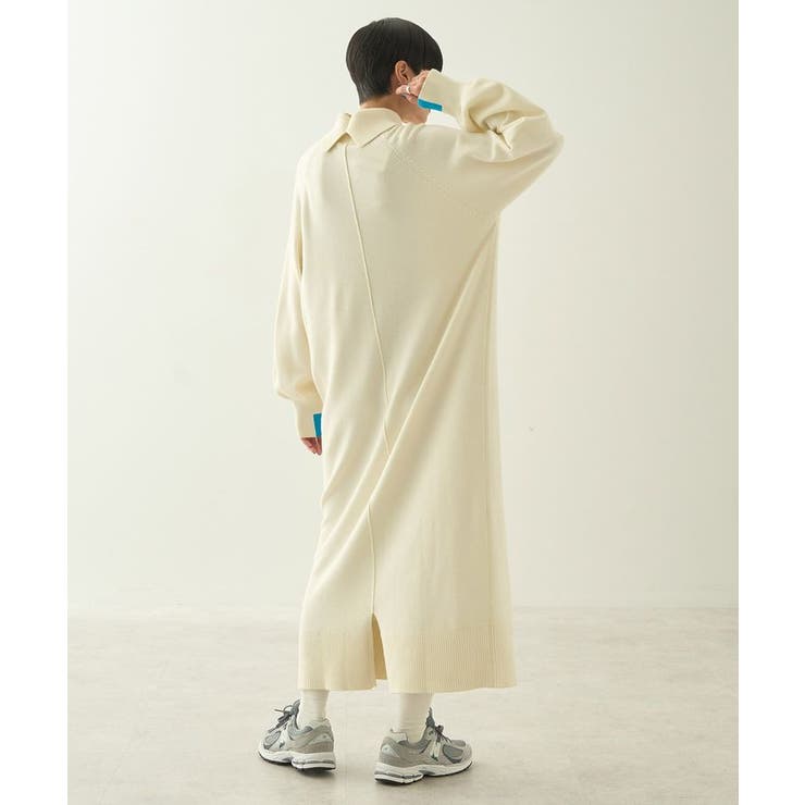 即発●人気ベージュカラーのモックネックニットワンピースML バイパチバイカラーモックネックニットワンピース[品番