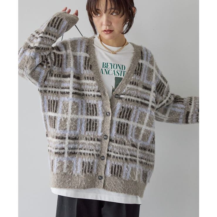ベージュ | アソート柄シャギーニットカーディガン | AMERICAN HOLIC