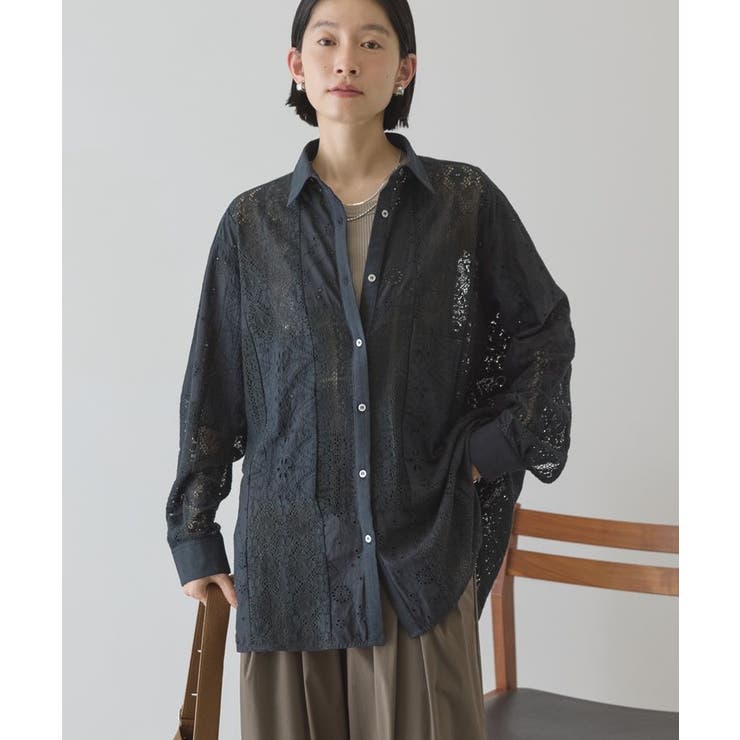 美品✨ハグオーワー カットワークレースパッチワークシャツ ブラック 黒 レースパッチワークシャツ[品番：EHEW0051821]｜AMERICAN HOLIC
