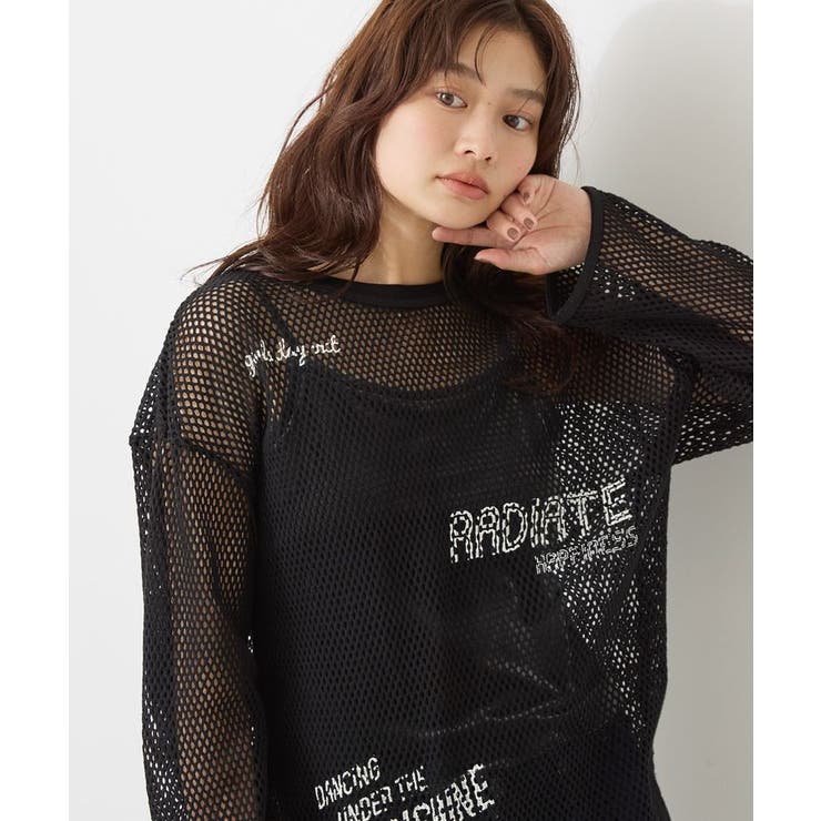 WEB限定】ランダムロゴメッシュロングTシャツ/チュニック[品番 