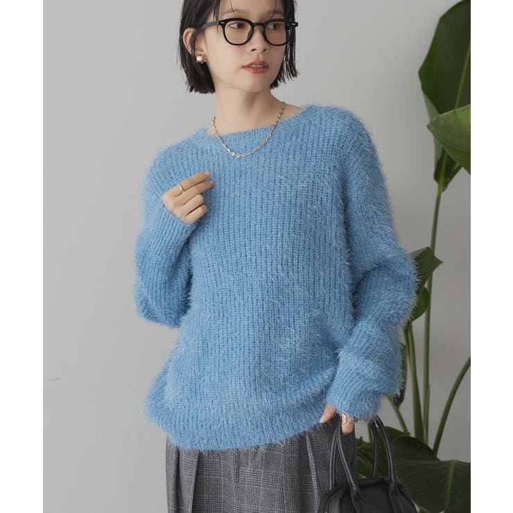 新品！！Ameri フリンジ付きニットセーター F ブルー セール】UND 2WAY RAME HAND KNIT TOP（ニット/セーター）｜Ameri