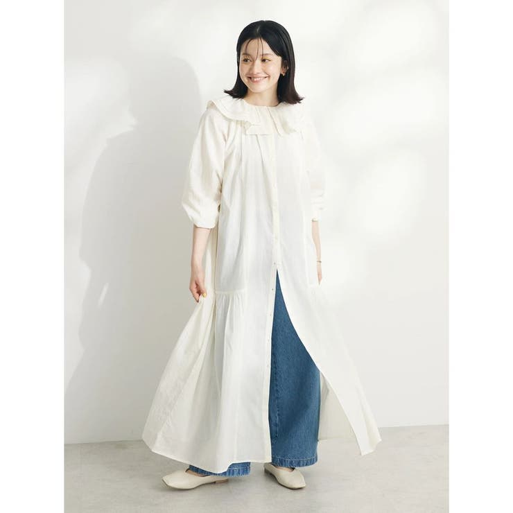 【新品送込】peniphass コットンリネン 衿フリル2WAYワンピ M OR 高身長 リネンライクマルチウェイフリル衿ワンピース（トール