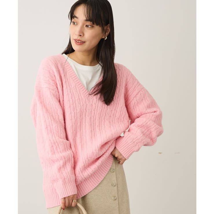 ピンク | 洗える/起毛ケーブルVニットネックニットプルオーバー | CRAFT STANDARD BOUTIQUE