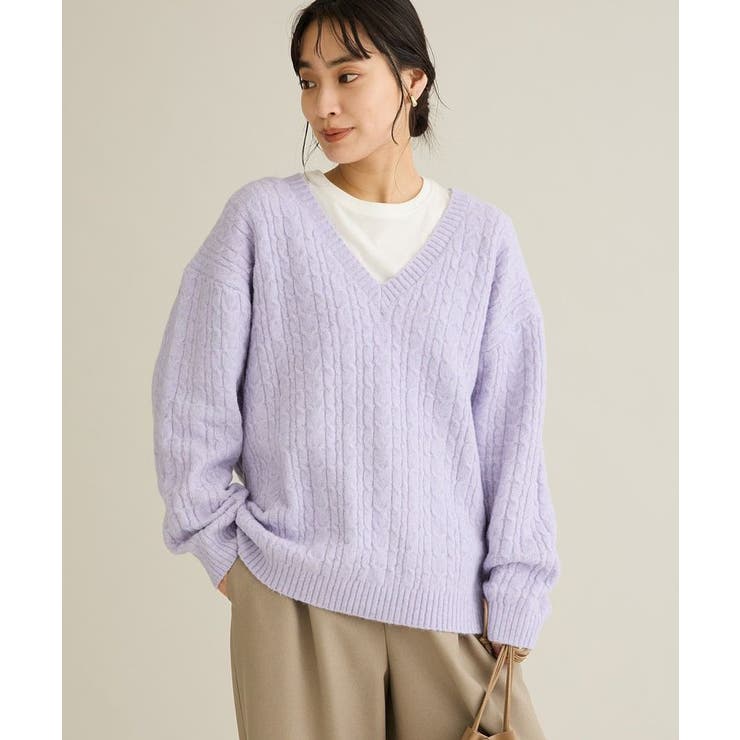 パープル | 洗える/起毛ケーブルVニットネックニットプルオーバー | CRAFT STANDARD BOUTIQUE