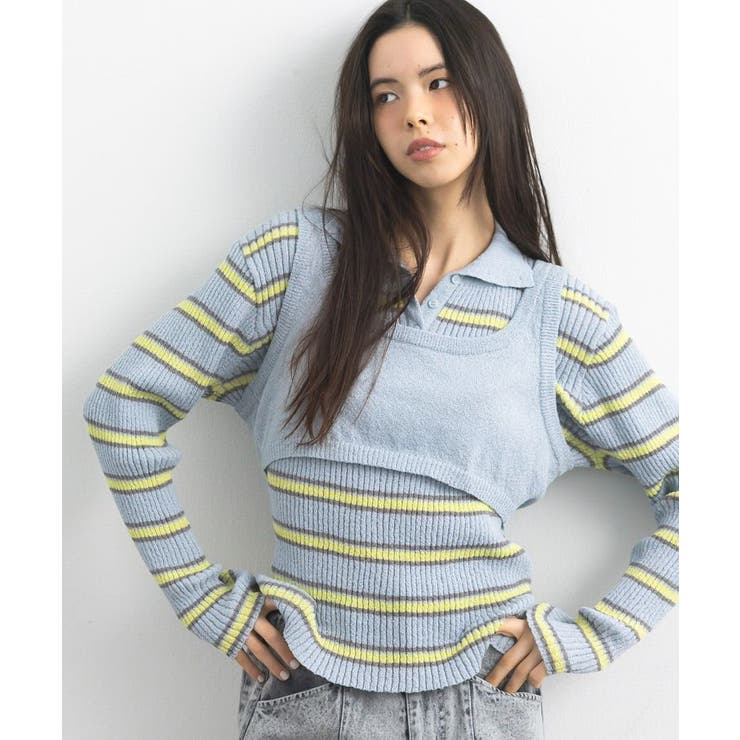 ライトブルー | 2点セット/ベスト＋ハーフボタンリブニットトップ | CRAFT STANDARD BOUTIQUE