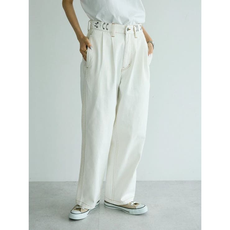 卸売 ユニセックス】ホワイトデニム2タックワイドテーパードパンツ パンツ