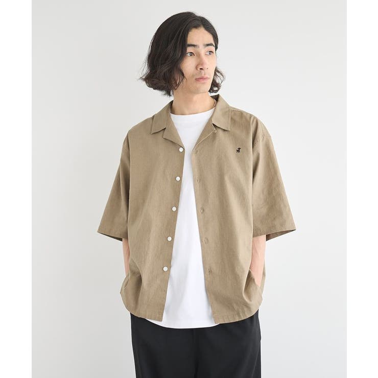 コットンリネン刺繍入りオープンカラーシャツB[品番