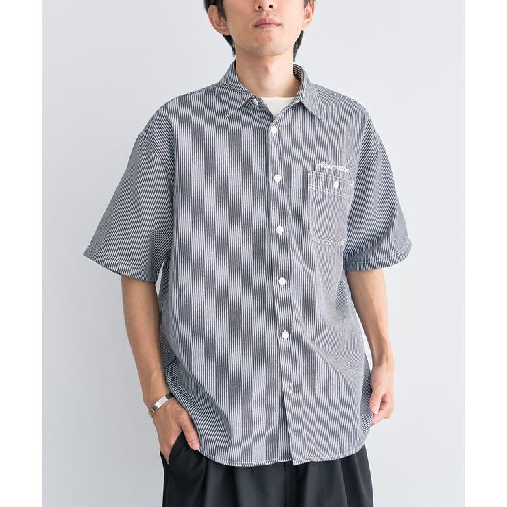 ネイビー | ヒッコリーワンポイント刺繍半袖シャツ | CRAFT STANDARD BOUTIQUE