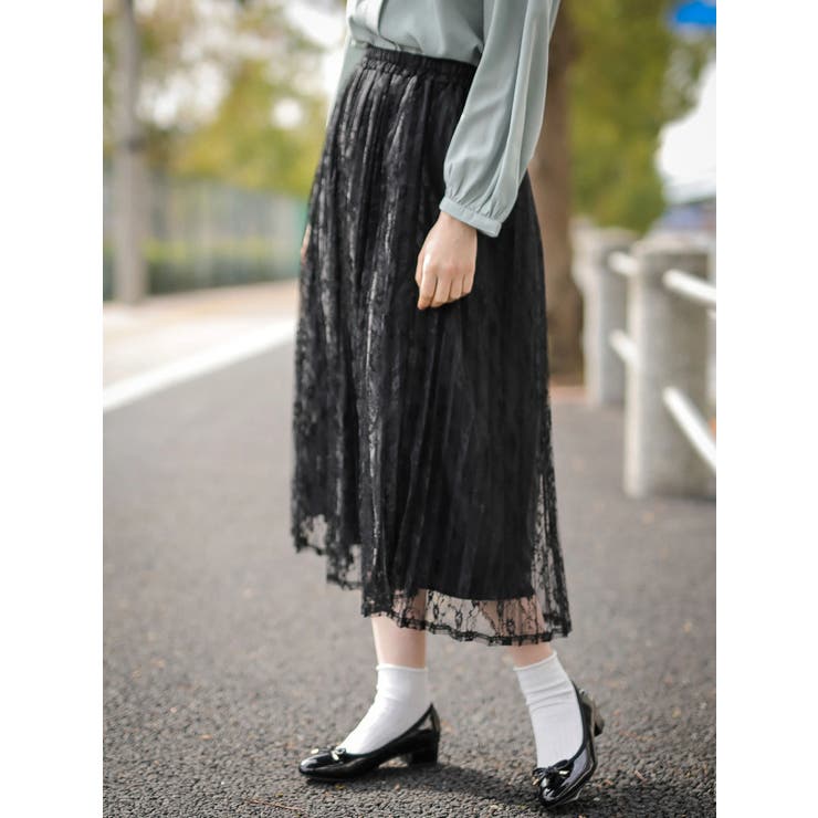 クラシカルなレディ感で華コーデが即完成♪レースプリーツフレアスカート　ブラック クラシカルなレディ感で華コーデが即完成♪レースプリーツフレア