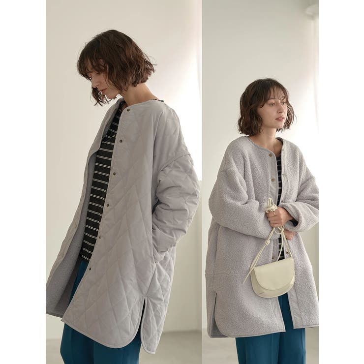 キルティング&ボアリバーシブルノーカラ-コート[品番：EMEW0031881