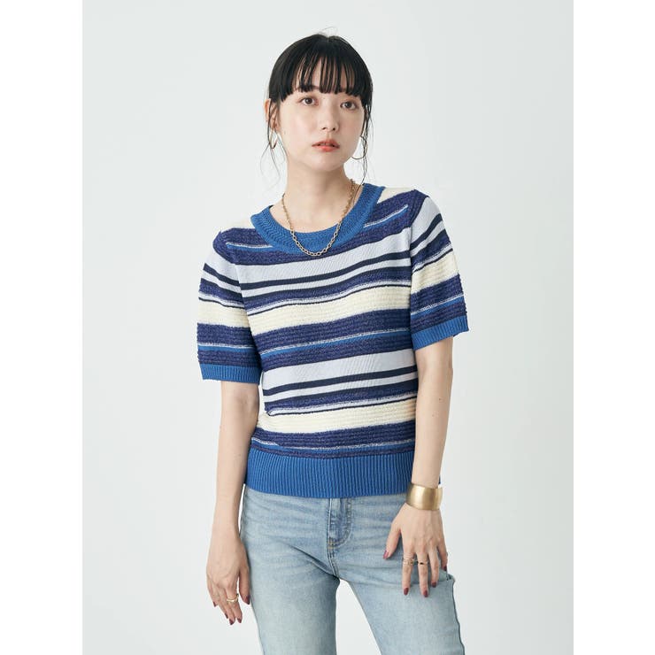 1990s OXBOW 極厚ウール　マルチカラーニット　ブルー　フランス 1990s OXBOW 極厚ウール マルチカラーニット ブルー フランス