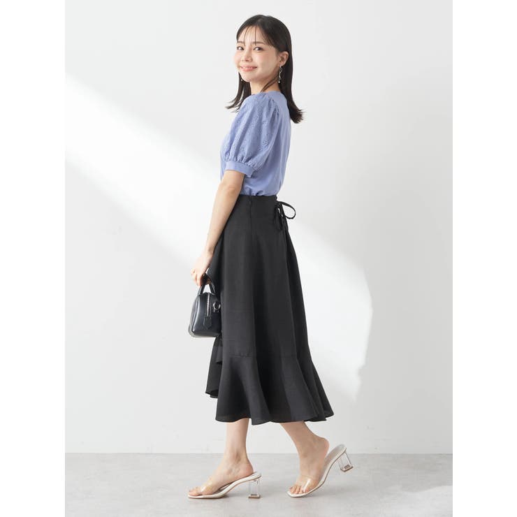 アシメペプラムフレアバックレースミディ丈スカート[品番