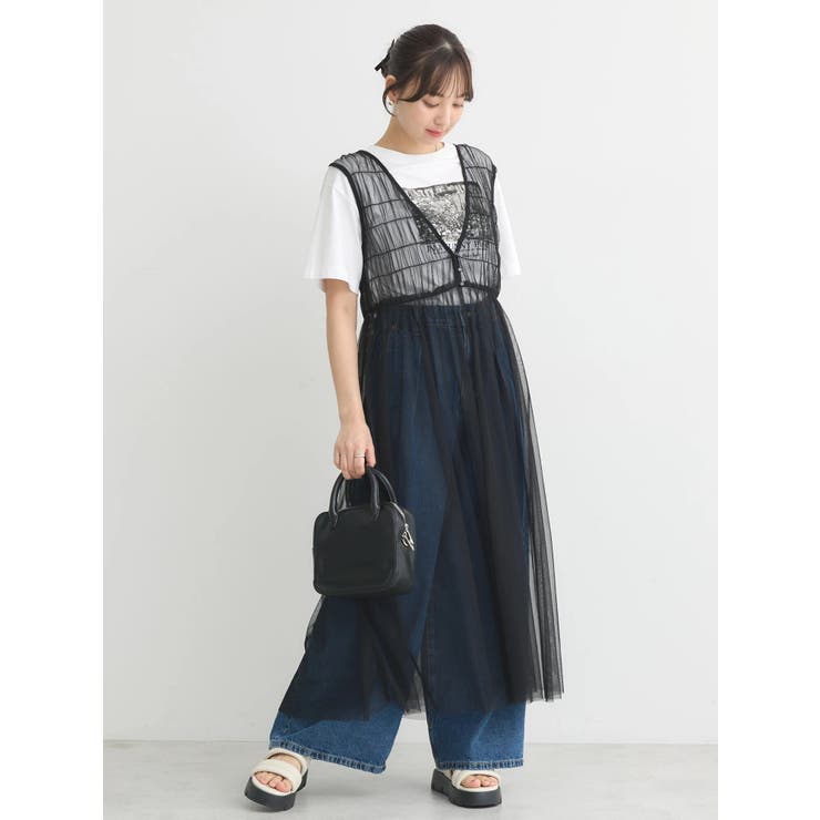 ブラック | シャーリングチュールワンピース | earth music&ecology 