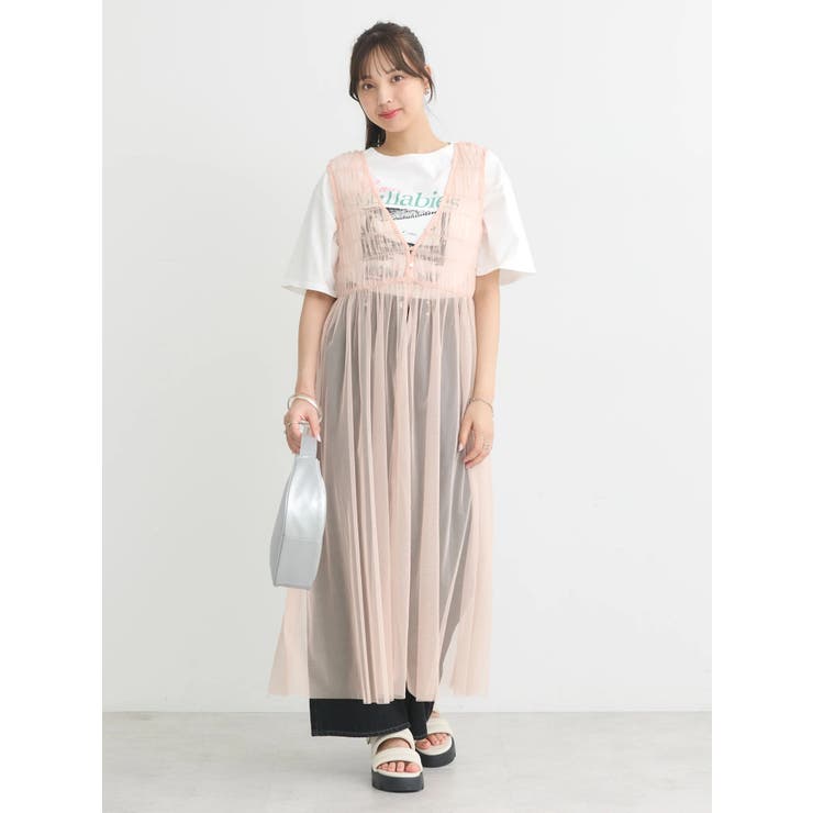 ピンクオレンジ | シャーリングチュールワンピース | earth music&ecology 