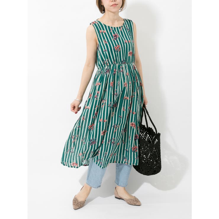 nougatine ストライプ花柄ワンピース[品番：GRPW0016257]｜Green