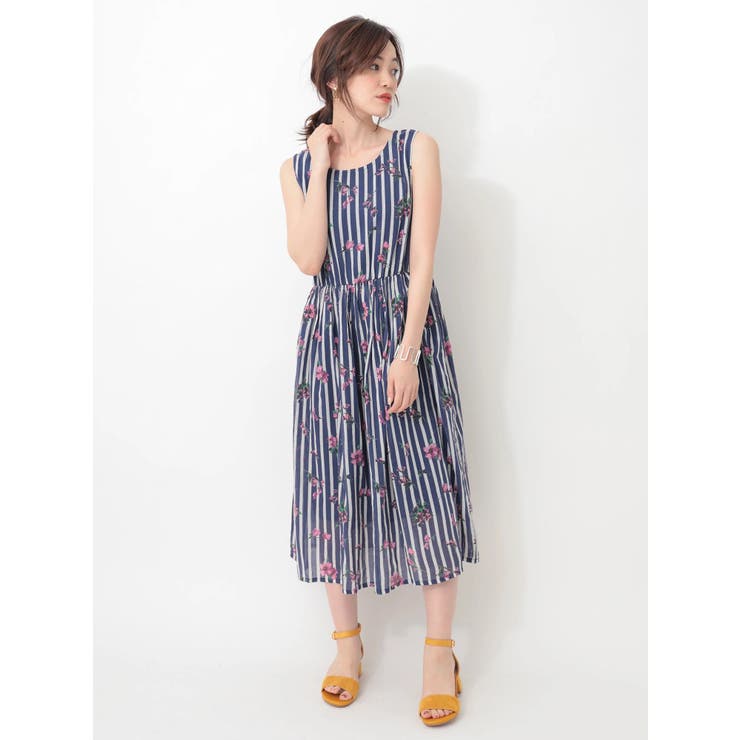 ストライプ 花柄 ノースリーブ ワンピース ZARA ザラ☆ストライプ花柄 ノースリーブワンピース ブルー 青