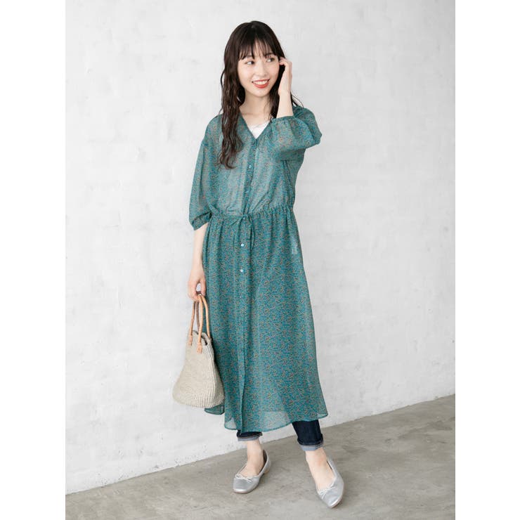 小花柄シフォン5分袖ワンピース[品番：GRPW0017576]｜Green Parks