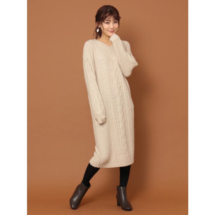 Vネックケーブルニットワンピース[品番：GRPW0020193]｜Green Parks