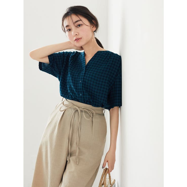 綿レーヨンサッカー調ギンガムシャツ | Green Parks  | 詳細画像1 